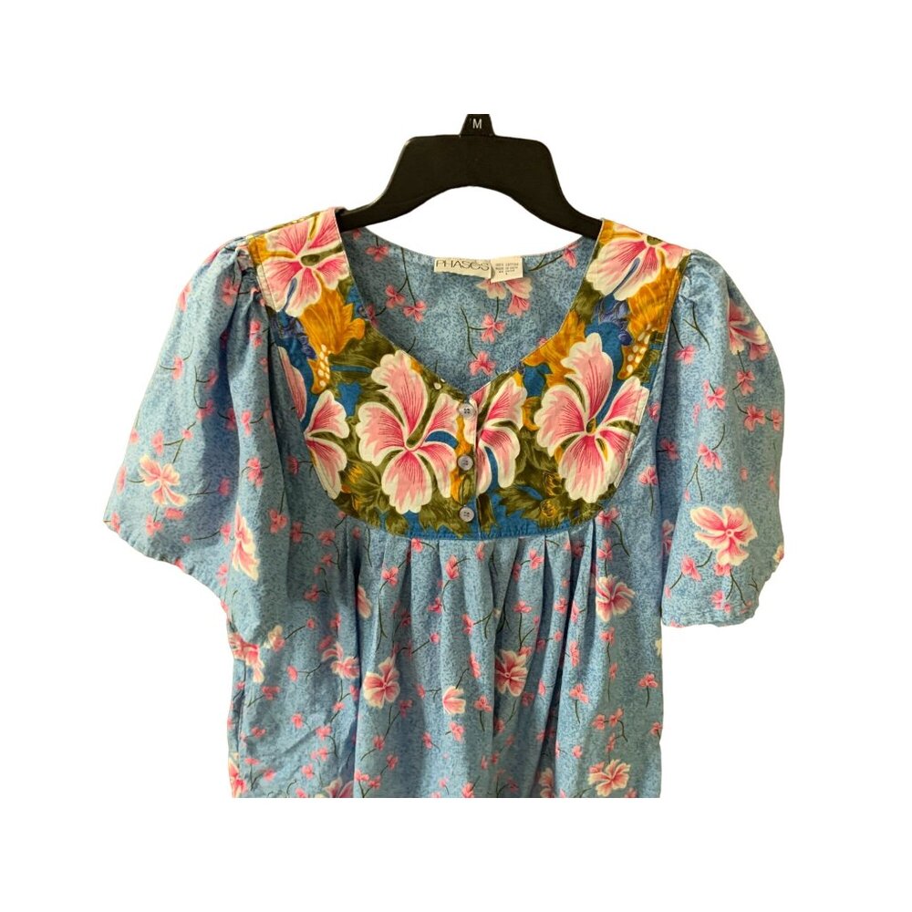 Phases Womens Size Large Smocked Dress Mixed Prints Blue Short Sleeve Kaftan Mid - Picture 2 of 4